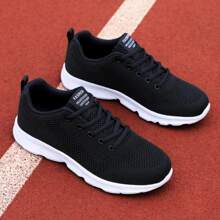 1雙運動透氣女士運動鞋,字母貼飾黑色織物繫帶跑步鞋 - 黑與白 - 查看 6