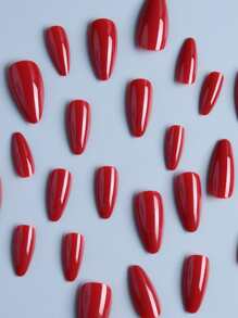 Elevate Your Style With 24pcs Long Almond Shape Bright Red False Nails Set Suitable For Women & Girls' Daily Wear Press On Nails Nail Supplies - Red - View 3