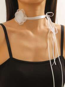 1入組女士翻領蕾絲素色復古項鍊帶精美山茶花綁帶緞帶和鎖骨鏈條 - 白色 - 查看 1