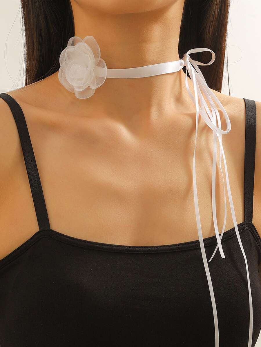 1入組女士翻領蕾絲素色復古項鍊帶精美山茶花綁帶緞帶和鎖骨鏈條 - 白色 - 查看 1