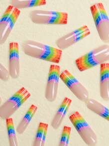 24入組彩虹條紋長款正方形假指甲適用於美甲飾品 - 彩色 - 查看 3