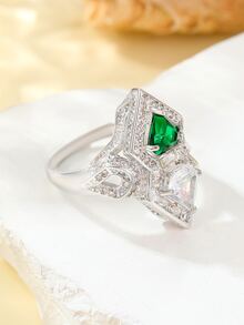 1 件宴会时尚优雅绿白锆石精致奢华戒指，适合女士约会派对新娘婚礼订婚珠宝配饰装饰情人节礼物 - 綠色 - 查看 3