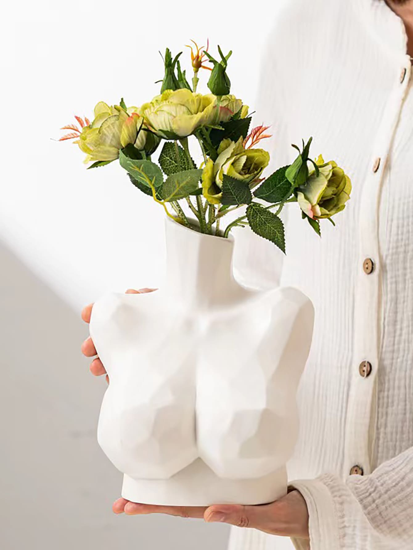 北歐風格創意半身人體幾何陶瓷花瓶插花裝飾送禮 - 白色 - 查看 1