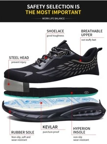 男士鋼頭安全鞋-防砸、耐壓、透氣、舒適、防刺穿、輕便、腳趾防護鞋、適合工地防護、休閒、運動、時尚比賽 - 黑色 - 查看 3