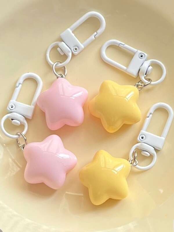 4pcs/set Women's Cute Yellow & Pink Star Shaped Pendant Fashion Keychain Key Ring Key Chain