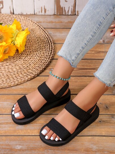 Sandalias de cuña de esclava minimalistas para mujer con doble correa de retención en negro, planas, para verano, playa, vacaciones, tacón medio, modernas, cómodas, calzado de mujer, zapatos de dama, sandalias de mujer, zapatos de verano para mujer, sandalias de cuña para mujer