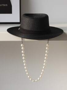 人造珍珠裝飾草編帽 - 黑色 - 查看 1