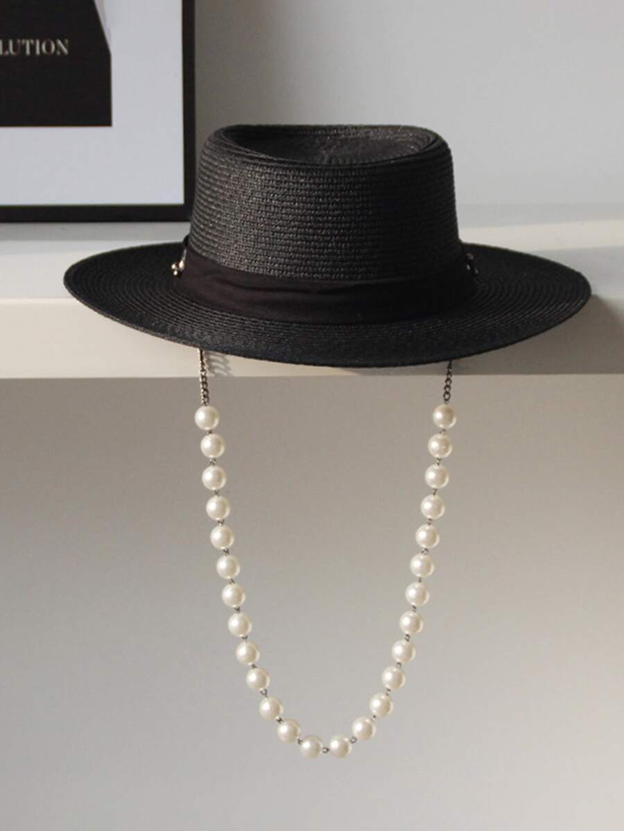 人造珍珠裝飾草編帽 - 黑色 - 查看 1