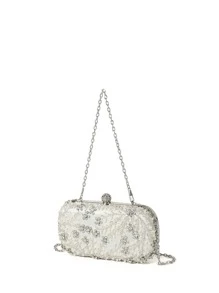 Handcrafted Beaded Satin Box Clutch Handbag With Chain Strap, Clutch Purse - Silver - View 2