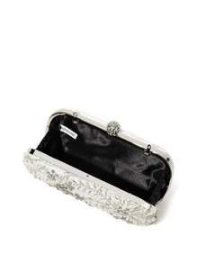 Handcrafted Beaded Satin Box Clutch Handbag With Chain Strap, Clutch Purse - Silver - View 3