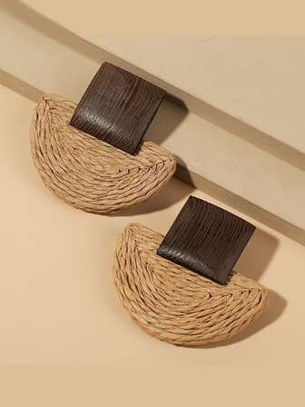 Bohemian Woven Rattan Fan Shaped Vacation Style Pendant Earrings For Women