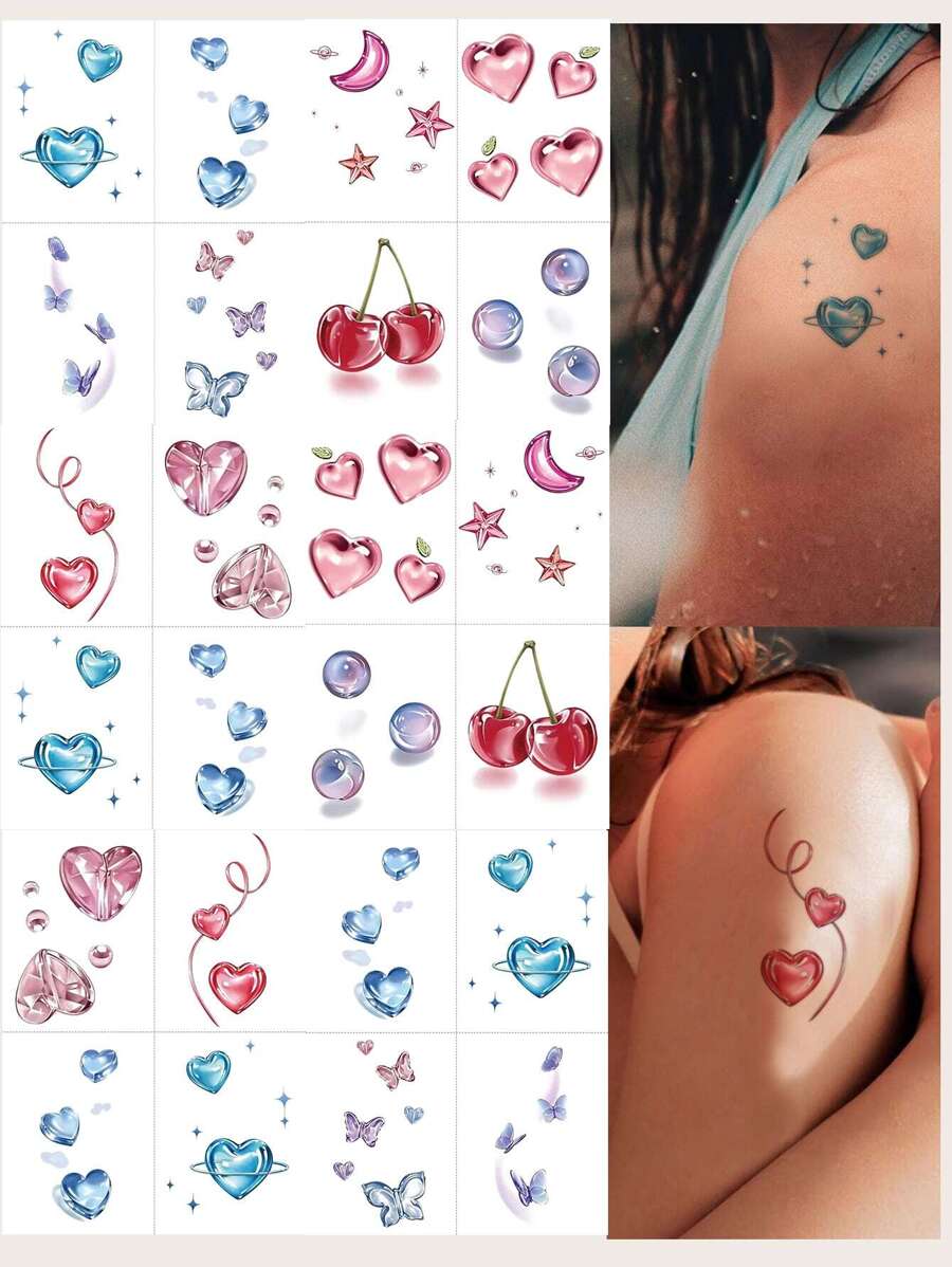 6Pcs Lovely Heart Pattern Temporary Tattoo Sticker Body Small Fake Tattoo Sticker, Festival/Y2k Themed Makeup & Party Decoration - Multicolor - View 1