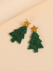 1对时尚圣诞树设计独特个性化吊坠耳环，酷炫十足，秋冬新品 - 綠色 - 查看 4
