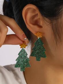 1对时尚圣诞树设计独特个性化吊坠耳环，酷炫十足，秋冬新品 - 綠色 - 查看 1