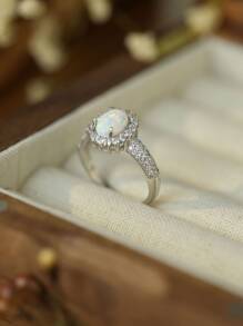 1pc S925 Sterling Silver Australian Opal & CZ Stone Sun Flower Design Minimalist Ring, Suitable For Daily Wear Valentines - Silver - View 3