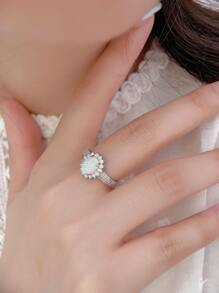 1pc S925 Sterling Silver Australian Opal & CZ Stone Sun Flower Design Minimalist Ring, Suitable For Daily Wear Valentines - Silver - View 5