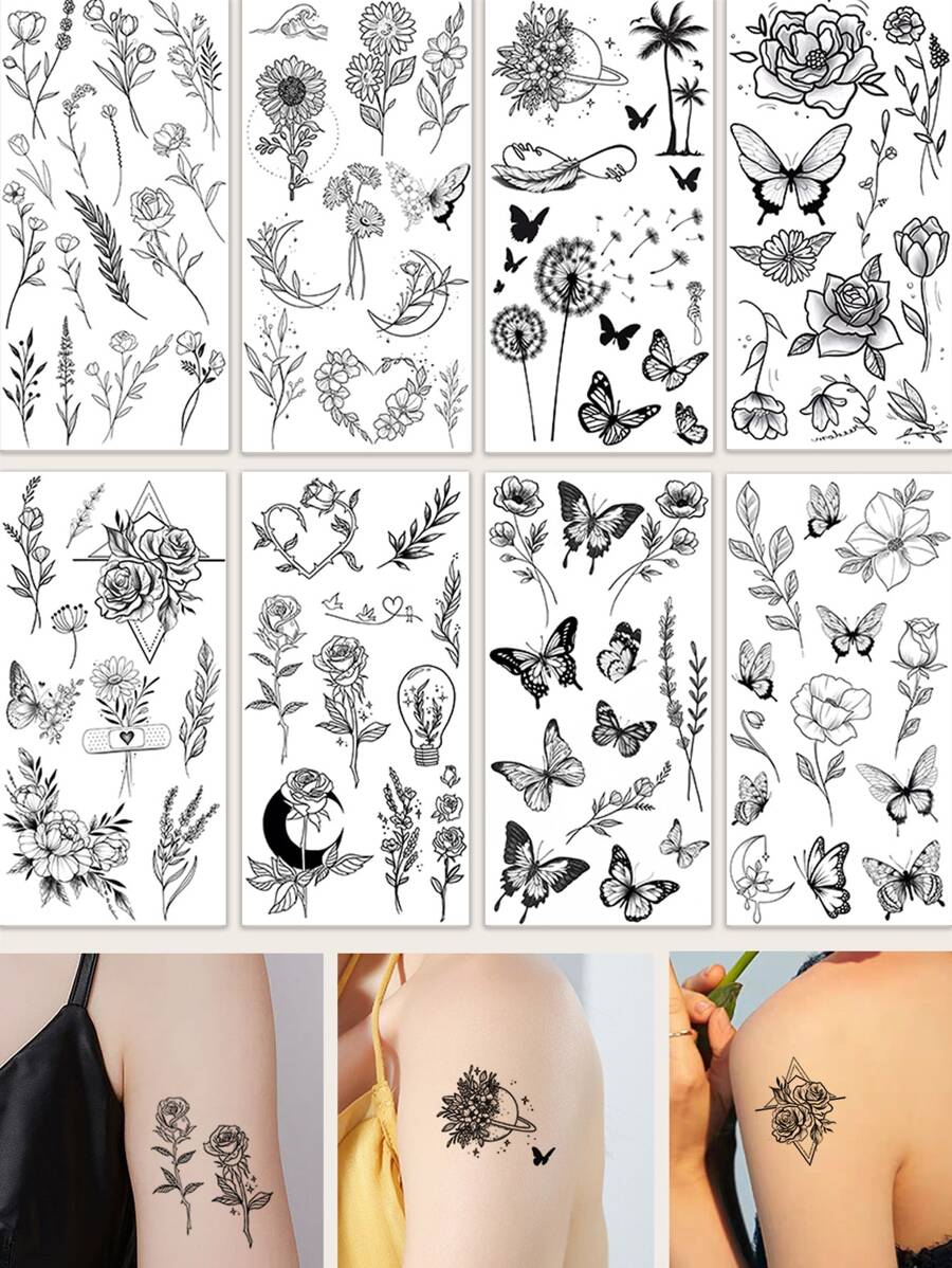 8 piezas diente de león , rosa , con girasol Tatuaje temporal Pegatinas - Negro - Ver 1
