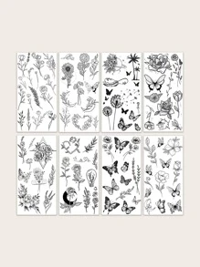 8 piezas diente de león , rosa , con girasol Tatuaje temporal Pegatinas - Negro - Ver 2