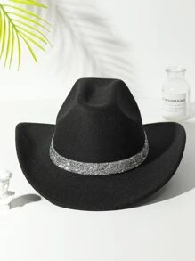 1pc Women Rhinestone Belt Boho Ridge Sequin Cowgirl Cowboy Fedora Hat For Daily Life - Black - View 3