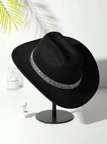 1pc Women Rhinestone Belt Boho Ridge Sequin Cowgirl Cowboy Fedora Hat For Daily Life - Black - View 4