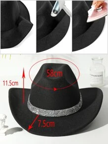1pc Women Rhinestone Belt Boho Ridge Sequin Cowgirl Cowboy Fedora Hat For Daily Life - Black - View 5