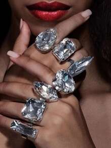 7PCS /Set Rhinestone Acrylic Large Round Square Stone Open Finger Rings Jewelry for Women Crystal Separate Adjustable Cuff Rings - Silver - View 1