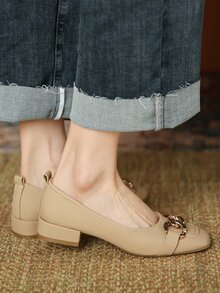 French Style Jane Shoes, Square Toe, Low Heel, Low Vamp, Women's Shoes With Chunky Heel, Flat And Vintage Pu Leather - Brown - View 6