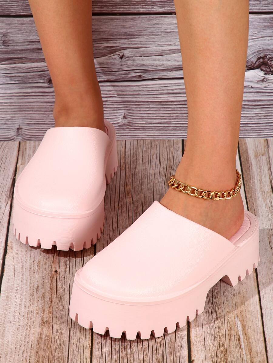 學院工作木屐適合女士,一腳蹬極簡防水台戶外洞洞鞋 - 粉色 - 查看 1