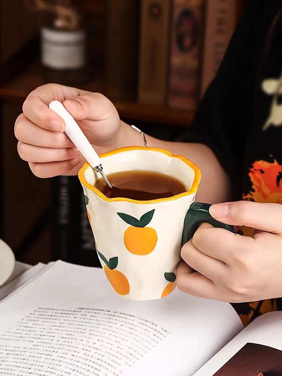 1 chiếc cốc cà phê gốm thủ công không đối xứng họa tiết màu cam dễ thương - trái cam - Xem 1