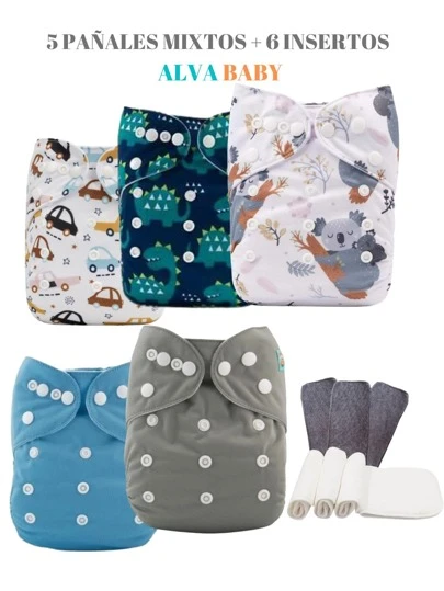 5 Pañales Ecológicos ALVA BABY colores mixtos + 6 Insertos de 4 capas microfibra