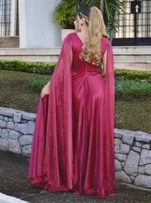 VESTIDO DE FESTA LONGO CASAMENTO MADRINHA TULE BRILHOSO LONGO COM CAPAS - Marsala - Visão 2