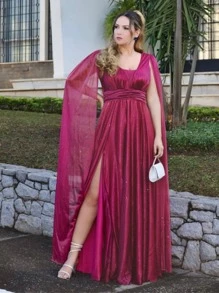 VESTIDO DE FESTA LONGO CASAMENTO MADRINHA TULE BRILHOSO LONGO COM CAPAS - Marsala - Visão 1