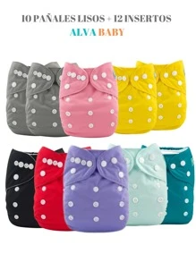 10 Plain Alva Baby Ecological Diapers (Colors May Vary) + 12 4-Layer Microfiber Inserts - 粉色 - 查看 1