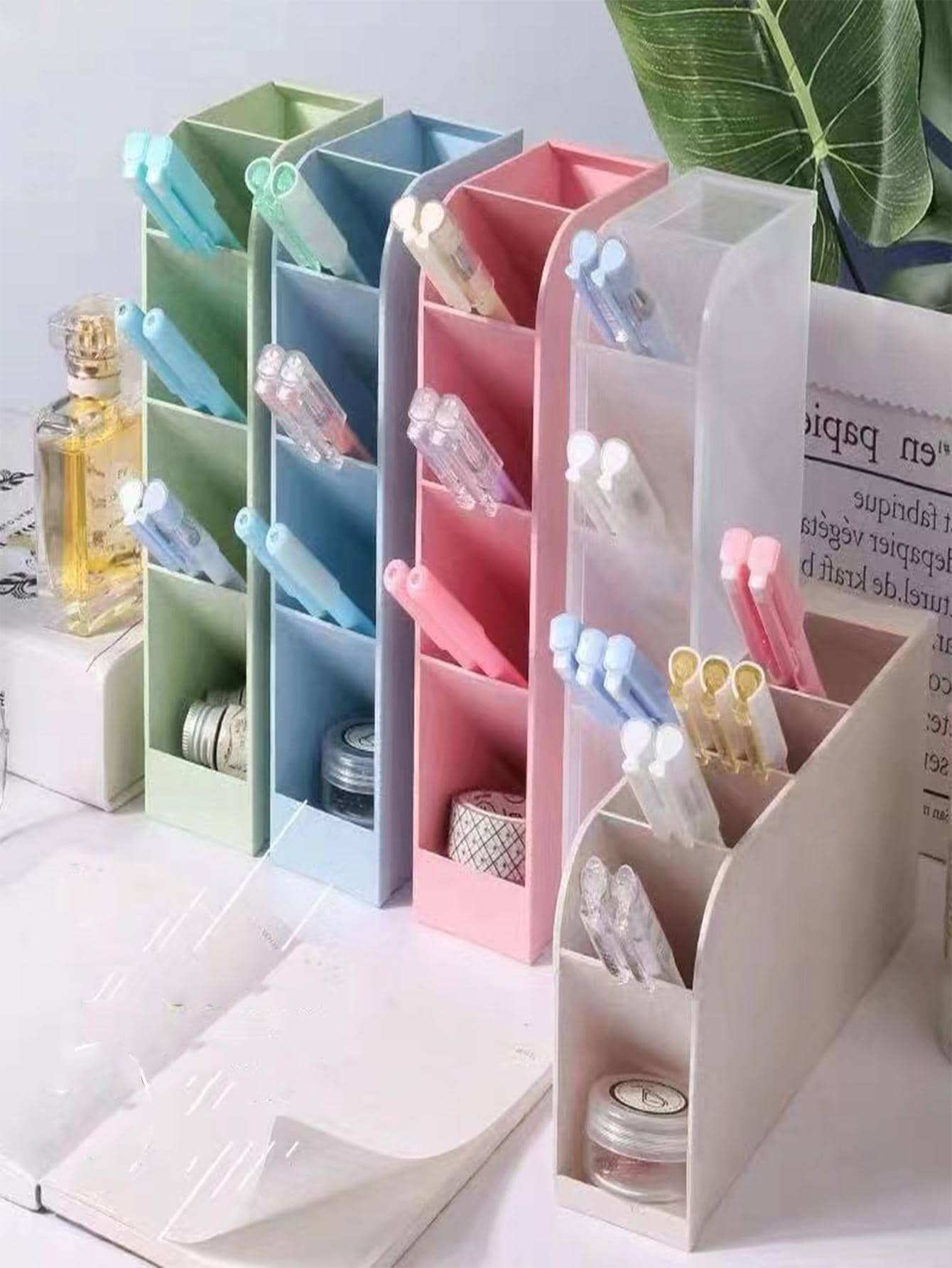 簡約風透明筆筒,多格傾斜筆筒桌面收納適用於學生 - 藍色 - 查看 1