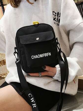 de lona Bolso bandolera cuadrado de mujeres con patrón de letra cremallera Bolso de hombro