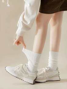 秋季纯色中筒袜 - 白色 - 查看 2