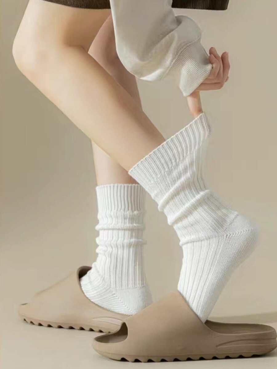 秋季纯色中筒袜 - 白色 - 查看 1