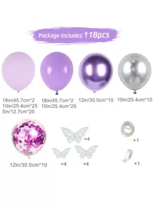 104pcs/Set Purple Sliver Confetti Balloon Chain Set & 12pcs Sliver Butterfly & 2pcs Balloon Accessory, Balloon Combination Perfect For Birthday Coming-Of-Age Ceremony Wedding Party Wall Background, Decorative Balloon Arch Kit Back To School Valentine Day - Multicolor - View 3