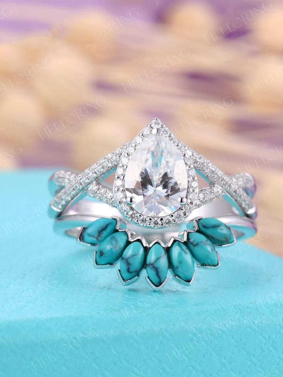 2入組歐美風格時尚水滴形狀白色鑽石訂婚戒指適合女士 - 銀色 - 查看 1