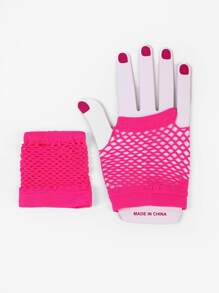 Sexy 1pair Short Black Fishnet Fingerless Gloves Halloween - Hot Pink - View 2