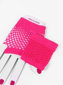 Sexy 1pair Short Black Fishnet Fingerless Gloves Halloween - Hot Pink - View 3