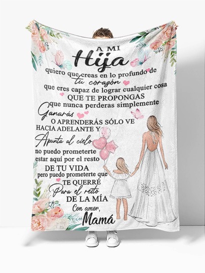 1入組法蘭絨西班牙語字母圖案毯子,合適適合女孩和女士們作為家庭裝飾