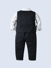 Baby Boy Pinstriped Bow Front Shirt & Vest Jacket & Trousers - Blue and White - View 2