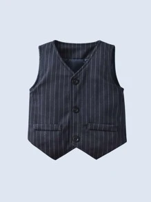 Baby Boy Pinstriped Bow Front Shirt & Vest Jacket & Trousers - Blue and White - View 4
