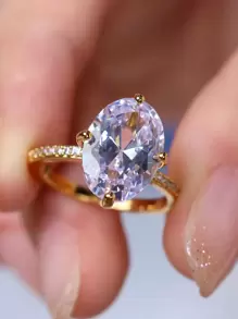 1pc Exquisite Cubic Zirconia Oval Decor Ring For Women For Engagement Gift - Gold - View 2