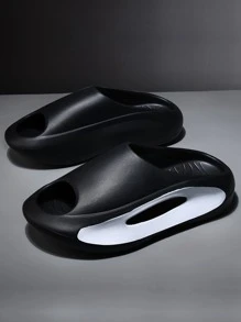 Fashionable Slides For Men, Two Tone Cut Out Design Single Band EVA Slippers - Black - View 3