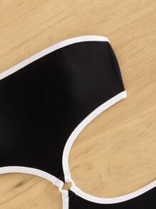 Contrast Binding Cut Out Waist One Piece Swimsuit Summer - Black - View 5