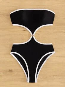 Contrast Binding Cut Out Waist One Piece Swimsuit Summer - Black - View 7