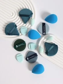 15件套美妆海绵套装，包含3个三角形粉扑、3个圆形气垫粉扑、3个指形迷你气垫粉扑、3个普通美妆海绵和3个水滴形迷你美妆海绵。这款海绵可完美混合粉底液、粉状、膏状和粉状产品。这套多色海绵套装不含乳胶，干湿两用，适合所有肤质。赠品、旅行、平价好物、旅行必备 - 彩色 - 查看 5