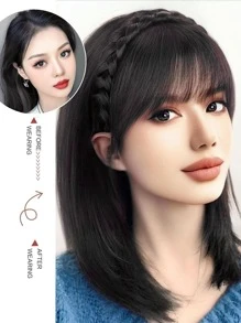 3股合成纖維髮箍編織髮箍劉海厚寬格紋編織黑色 - 黑色 - 查看 4